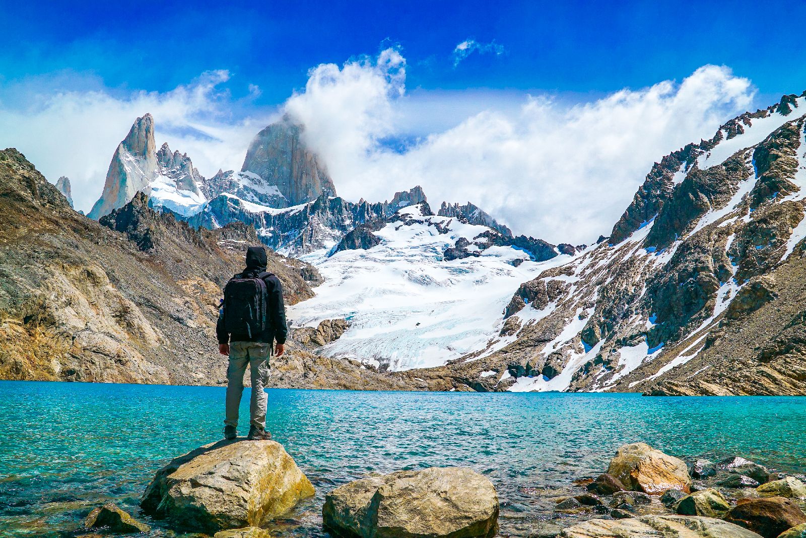 Guest admiring the Fitzroy scenery on a hike from Explora El Chalten in Patagonia Argentina