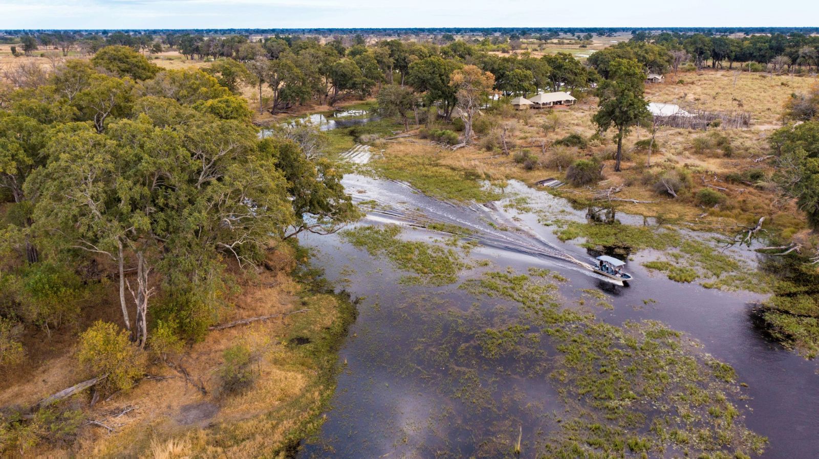 Aerial view of Duba Explorers Camp on the Okavango Delta in Botswana
