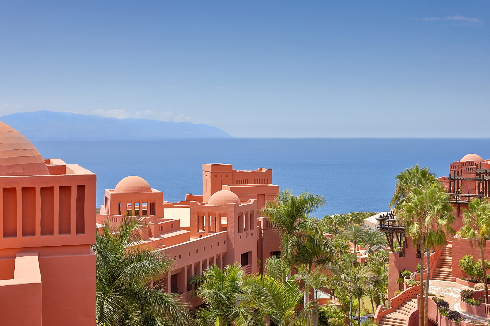 View over luxury resort Ritz Carlton Abama on Tenerife, its surroundings and the Mediterranean Sea