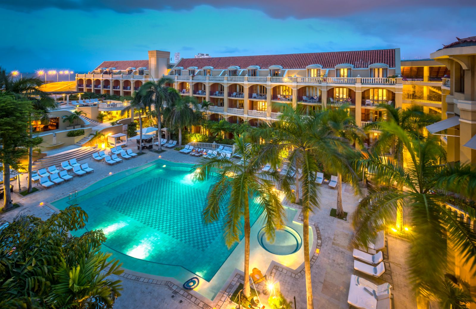 Aerial view of the poolside at Sofitel Legend Santa Clara in Cartagena, Colombia