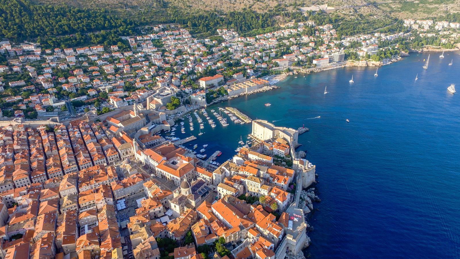 Aerial view of Dubrovnik old town and harbour in Croatia