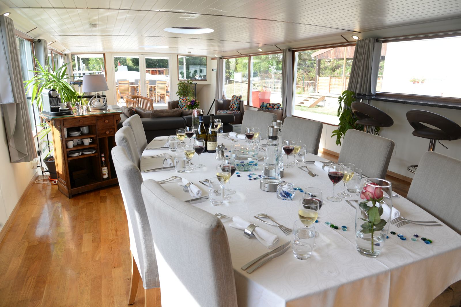 Dining room on board the Finesse river barge in France