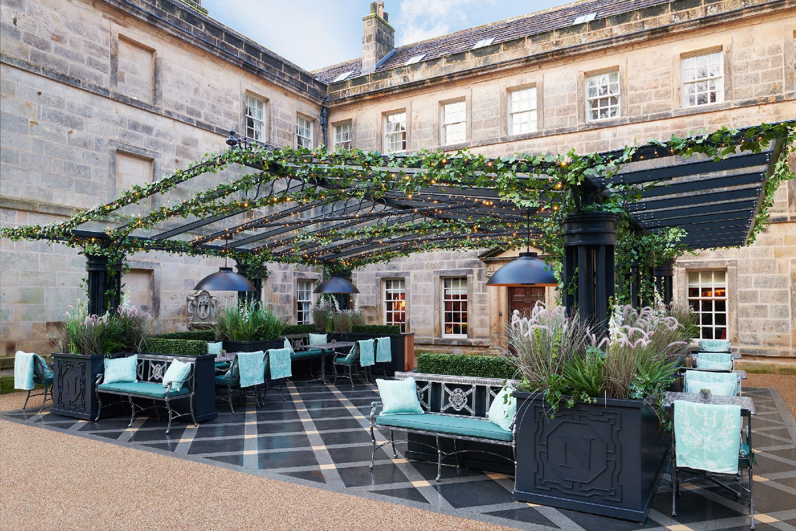 Outdoor dining at Grantley Hall hotel in Yorkshire England
