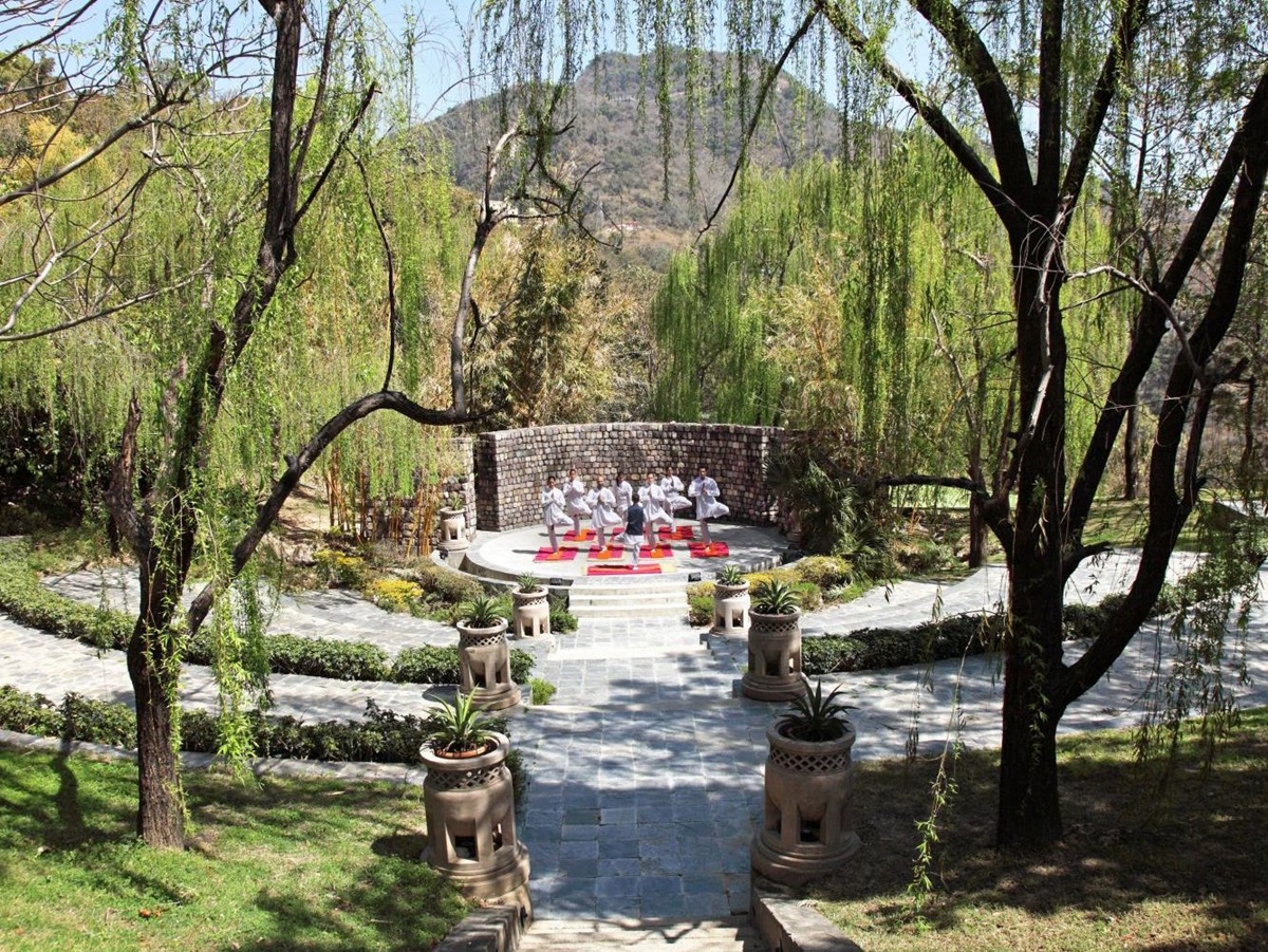 Outdoor yoga at Ananda in the Himalayas India