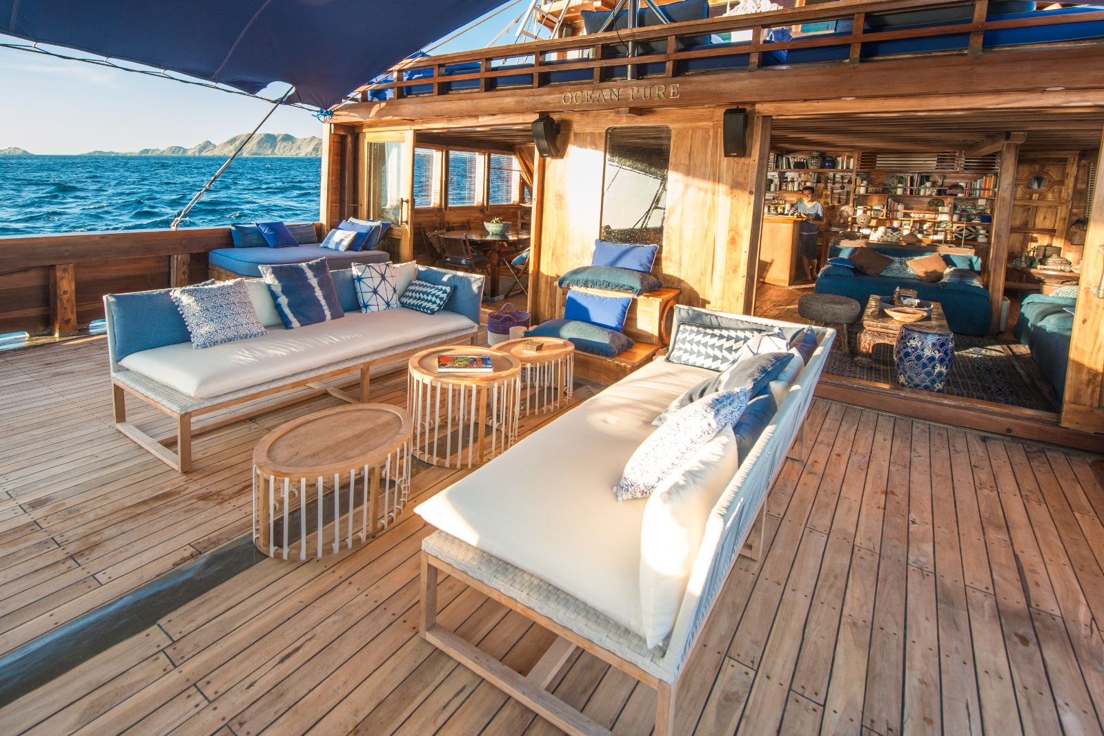 Lounge deck onboard the Ocean Pure phinsi in Indonesia