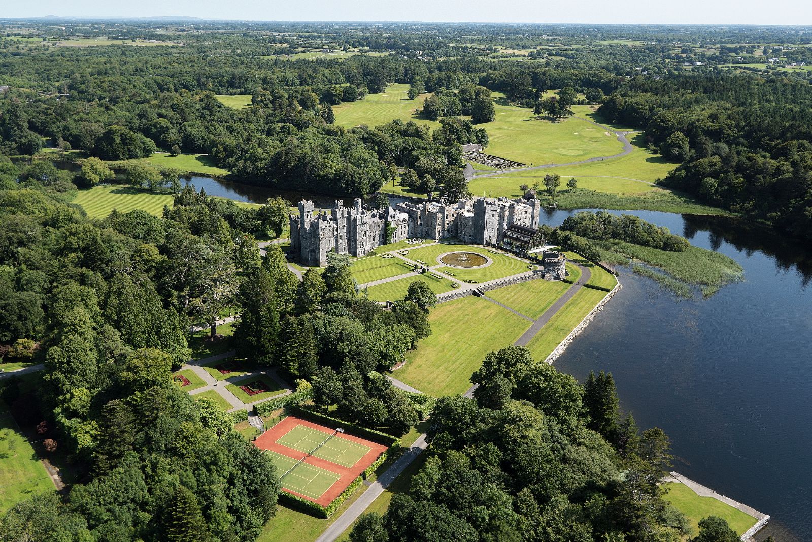 Aerial view of Ashford Castle and estate in County Mayo Ireland