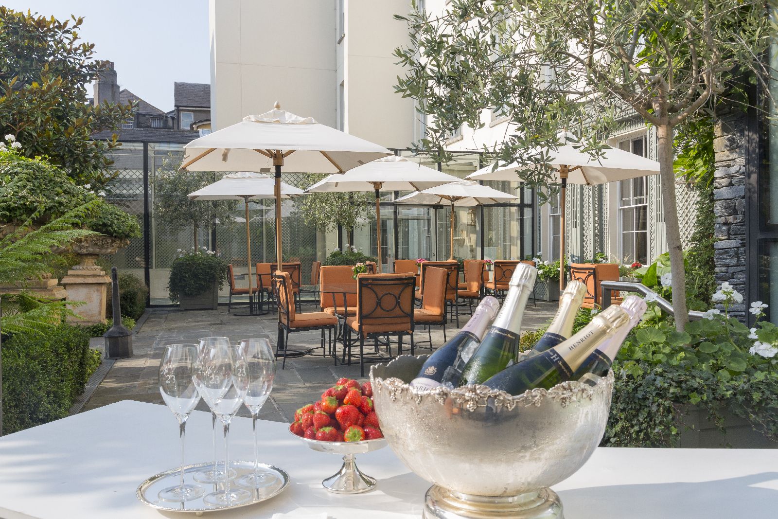Champagne on the Upper Terrace at The Merrion hotel in Dublin Ireland
