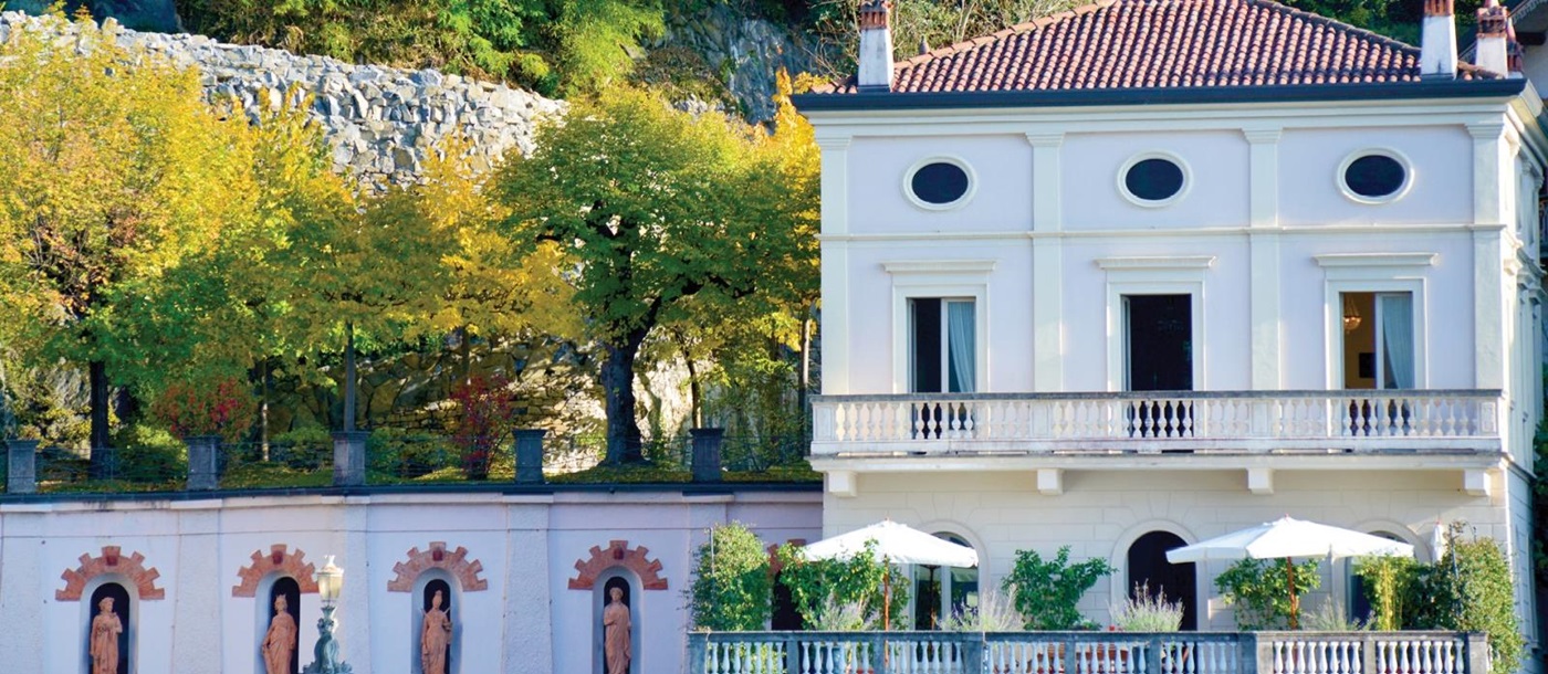 Exterior of Villa Maria Serena and balcony at Ville del Lago on Lake Como, Italy