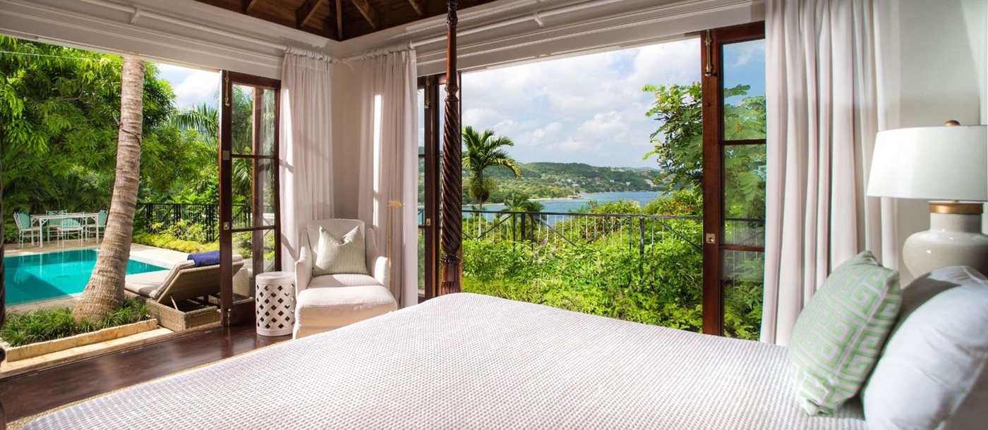 Bedroom view of a villa at Round Hill Hotel & Villas in Montego Bay, Jamaica