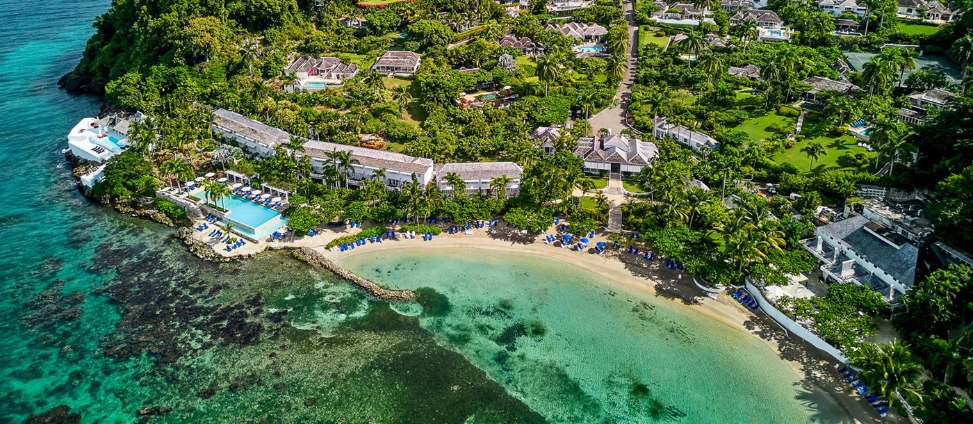 Aerial drone view of Round Hill resort in Jamaica