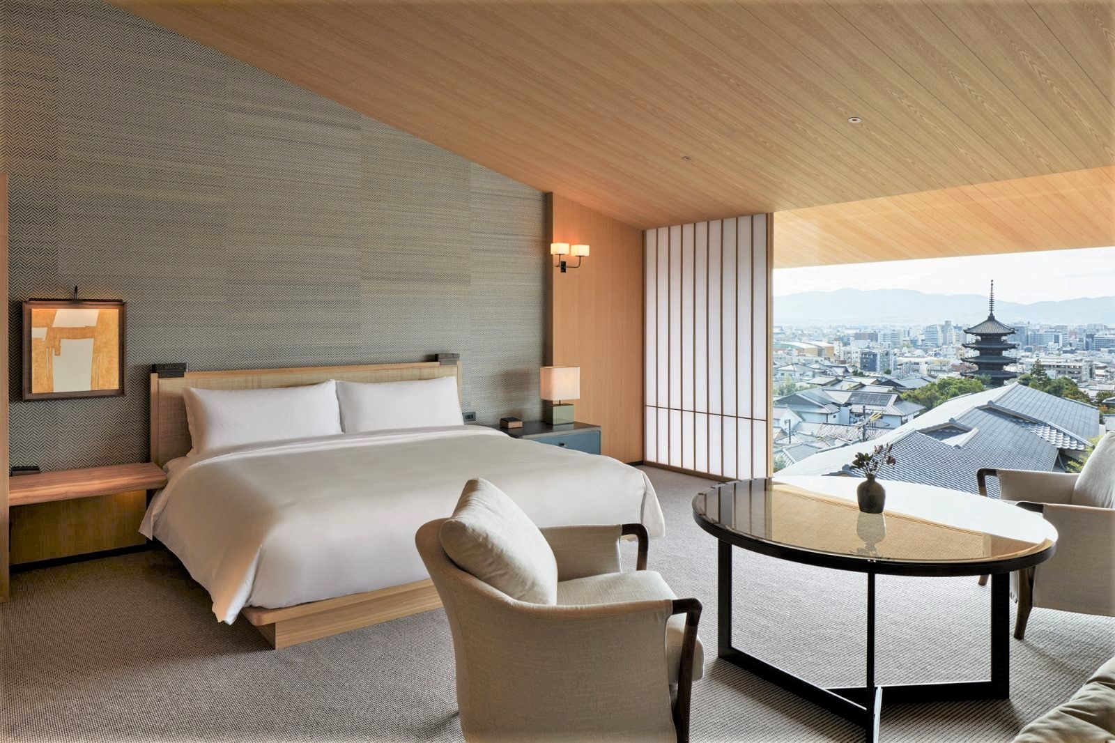 Guest bedroom with city view at Park Hyatt Kyoto in the Higashiyama district of Kyoto