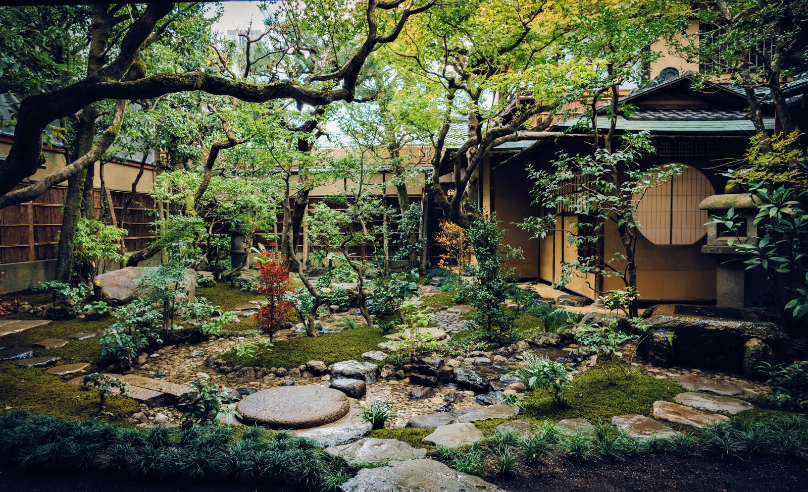 Gardens and grounds of Sowaka ryokan in Kyoto, Japan