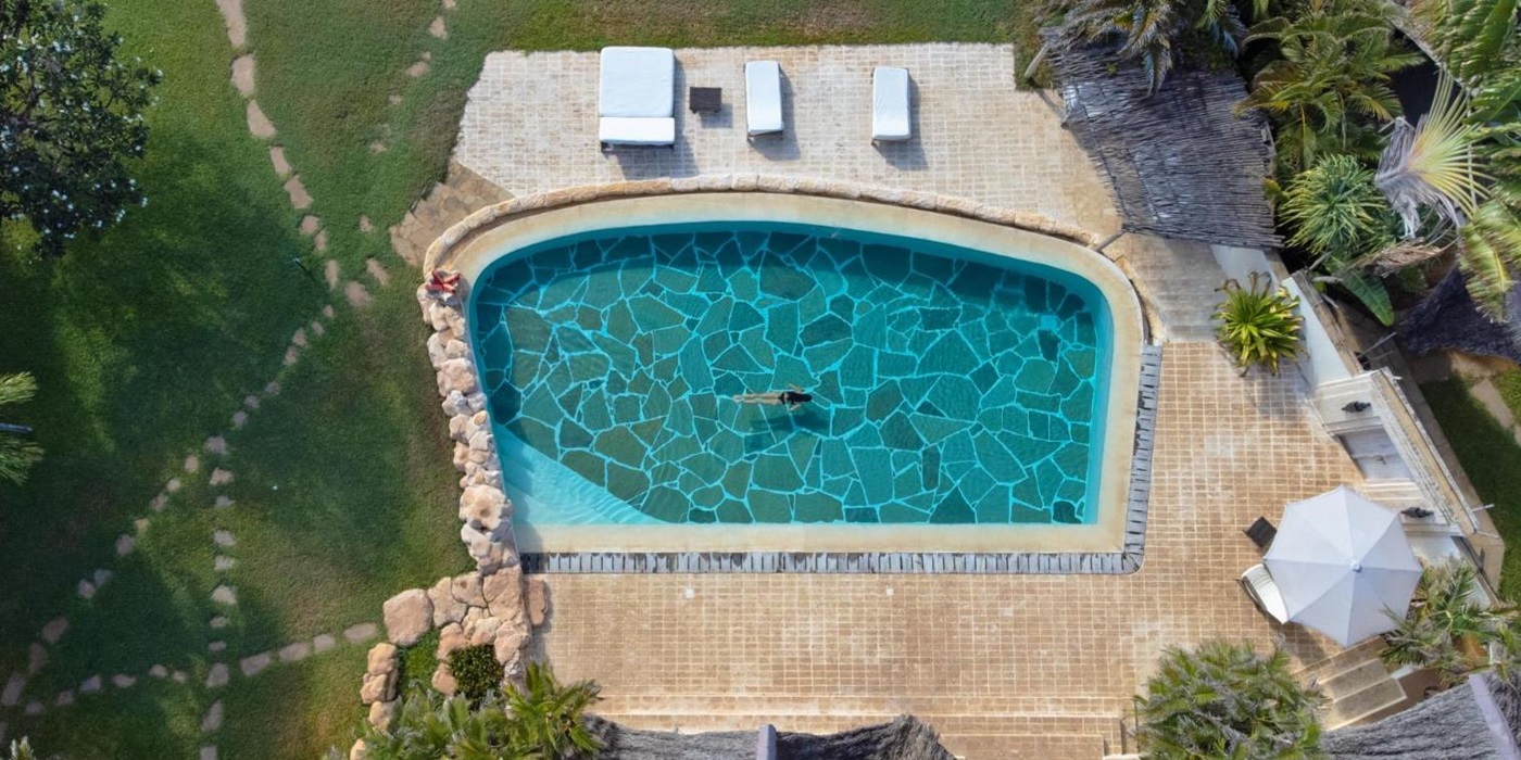Aerial view of the pool at Alfajiri Garden Villa on Diani Beach in Kenya