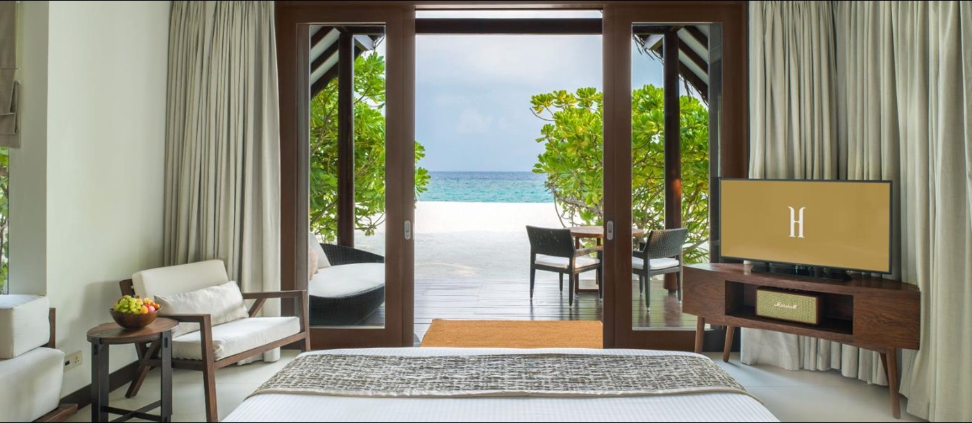 Beach villa view at Heritance Aarah resort in the Maldives