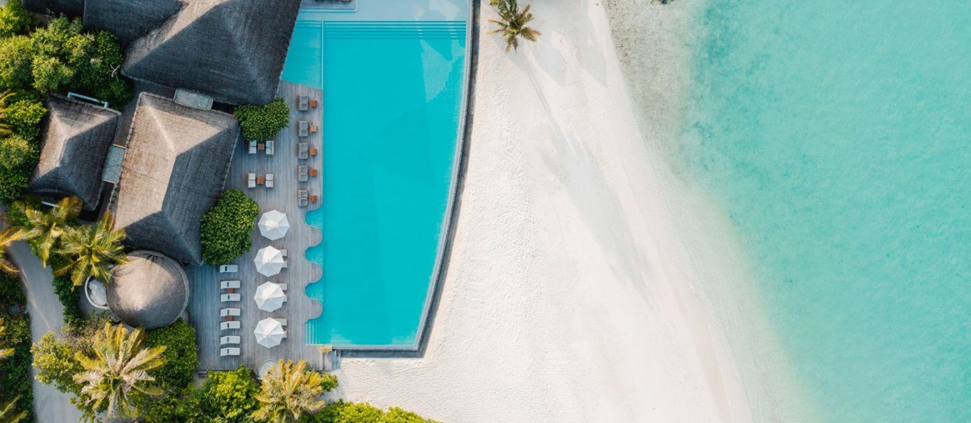 Aerial view of the pool at Heritance Aarah resort in the Maldives