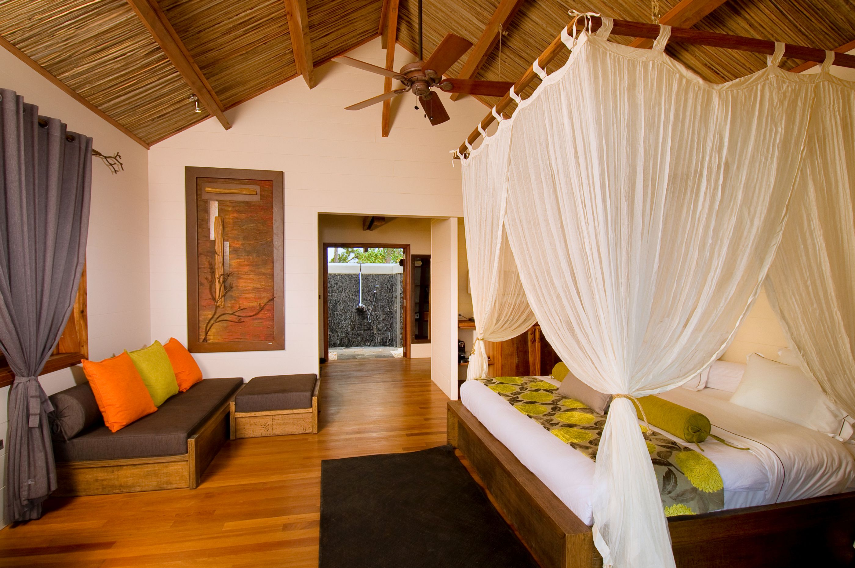 Bedroom of a suite at Lakaz Chamarel, Mauritius