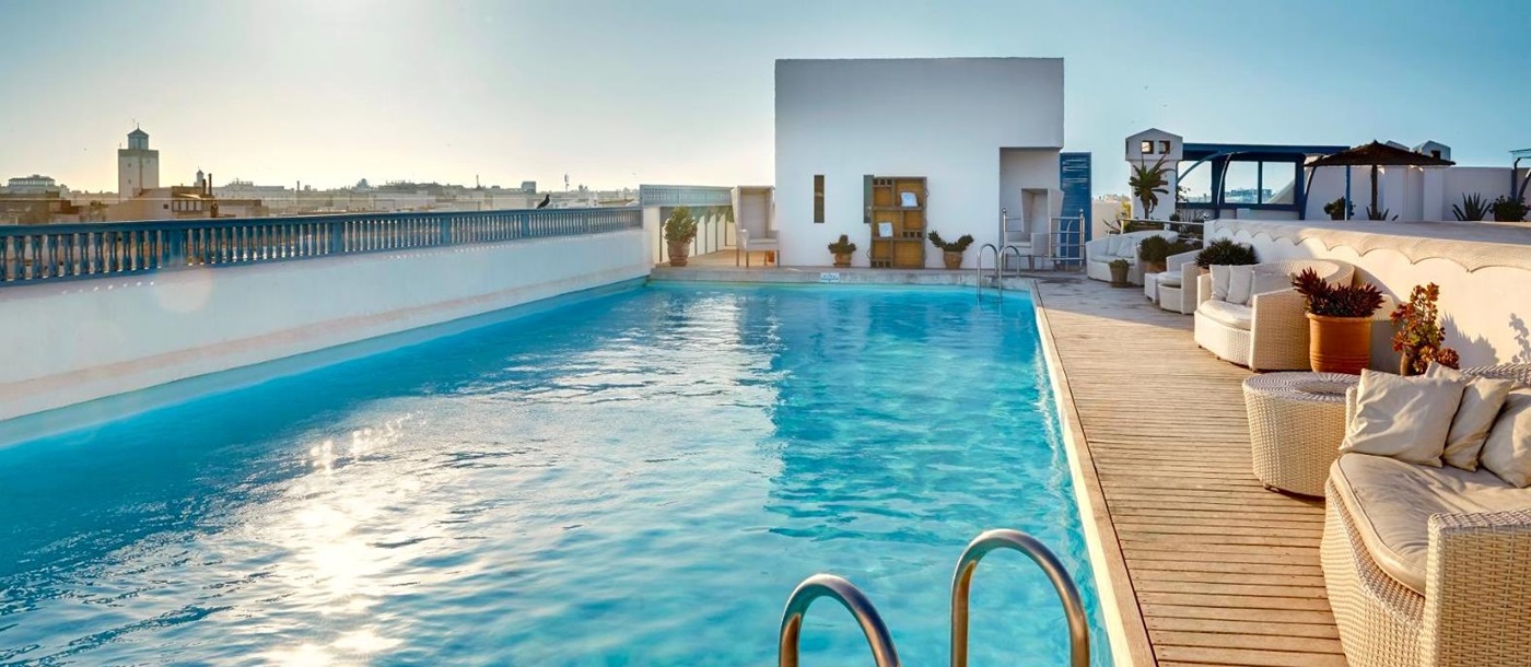Heated swimming pool at Heure Bleue Palais luxury hotel in Essaouira