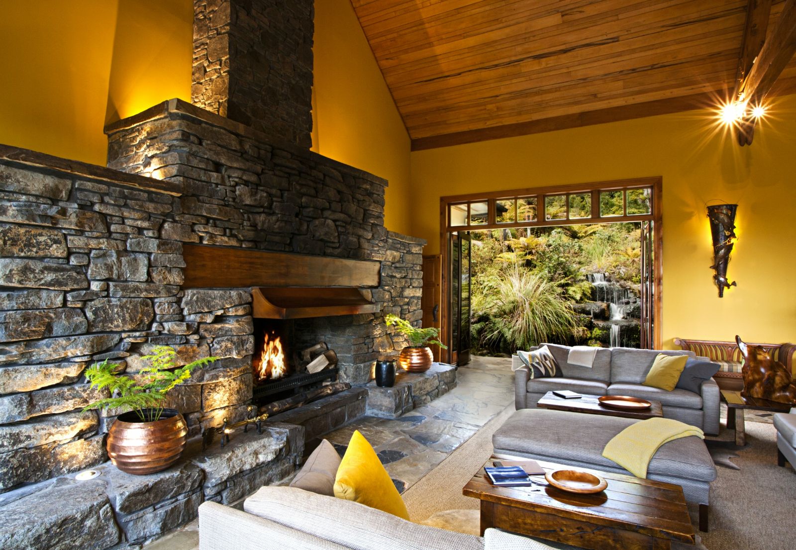 Great Room fireplace at Treetops Lodge & Estate in Rotorua, New Zealand