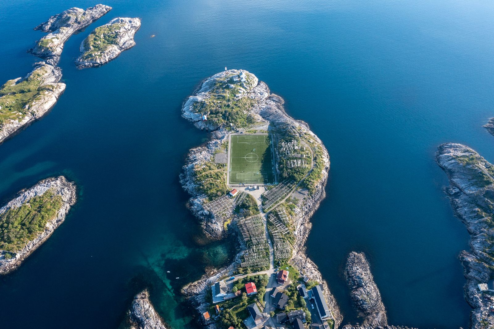 Aerial view of remote football pitch in the Lofoten Islands Norway