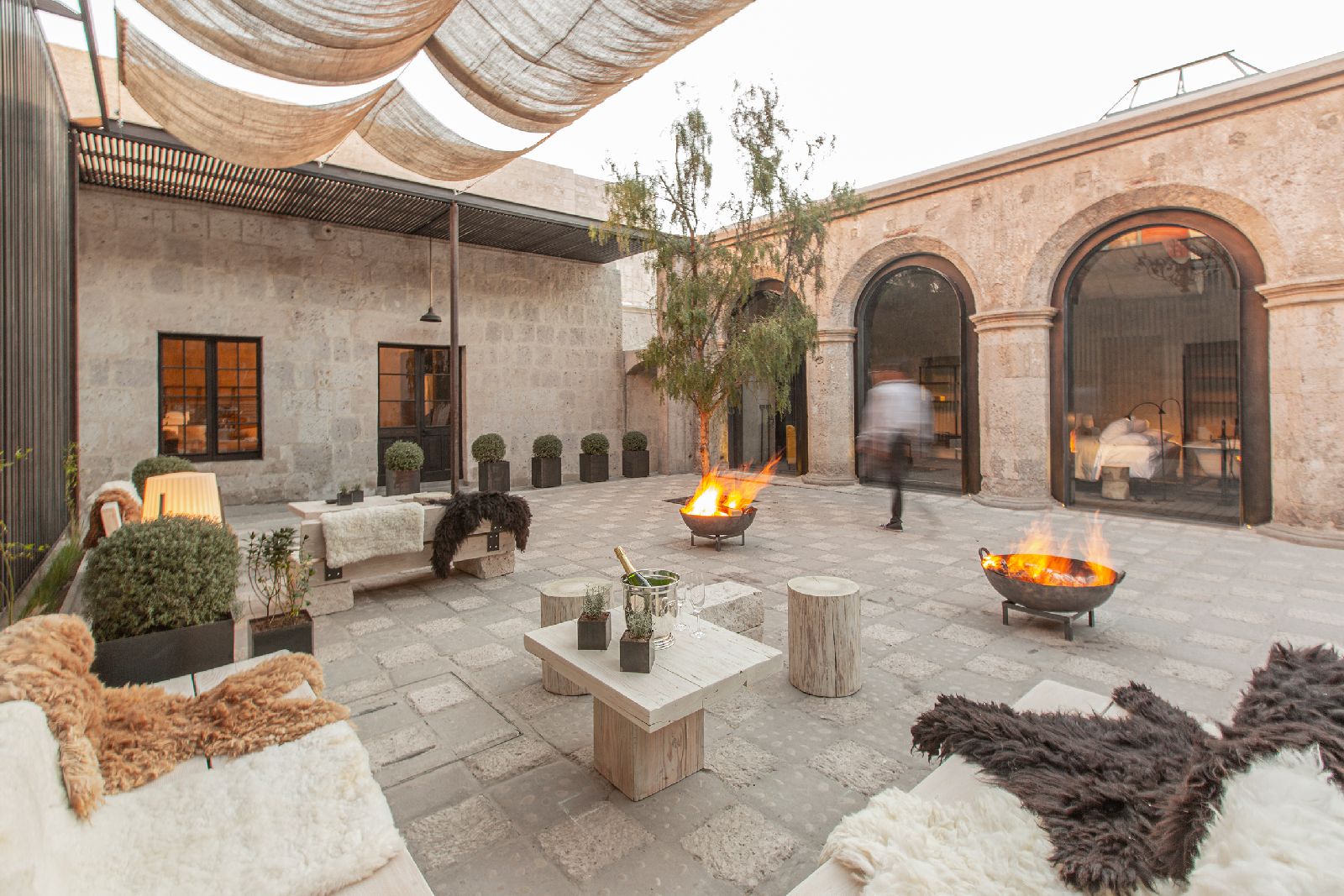 Courtyard and firepits at Cirqa hotel in Arequipa Peru