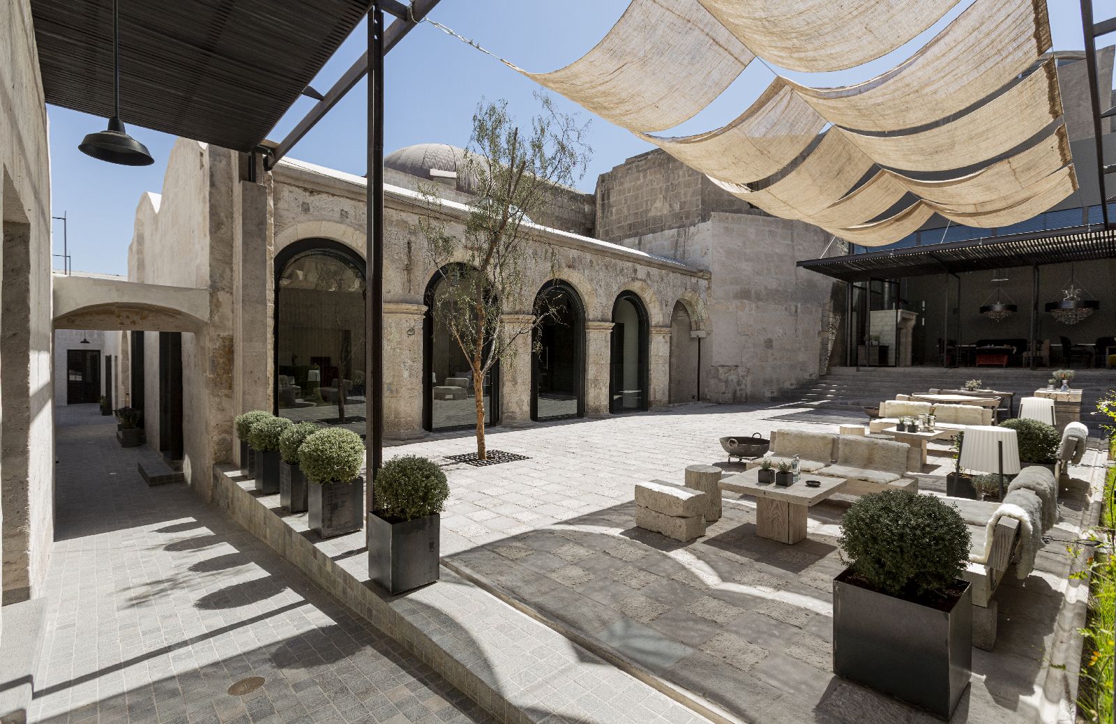 Courtyard with outdoor seating at Cirqa hotel in Arequipa Peru