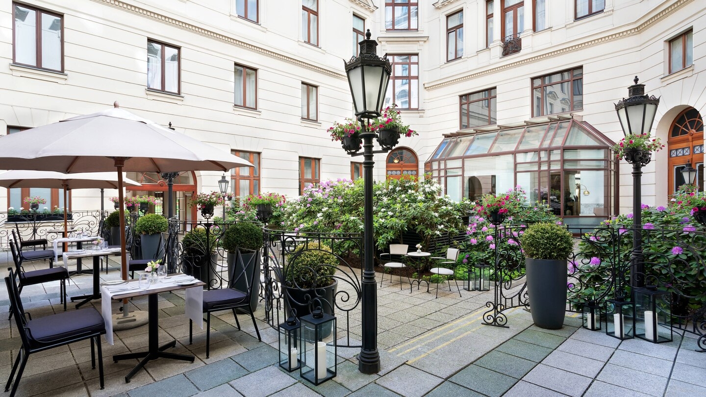Courtyard with dining at Hotel Bristol in Warsaw Poland