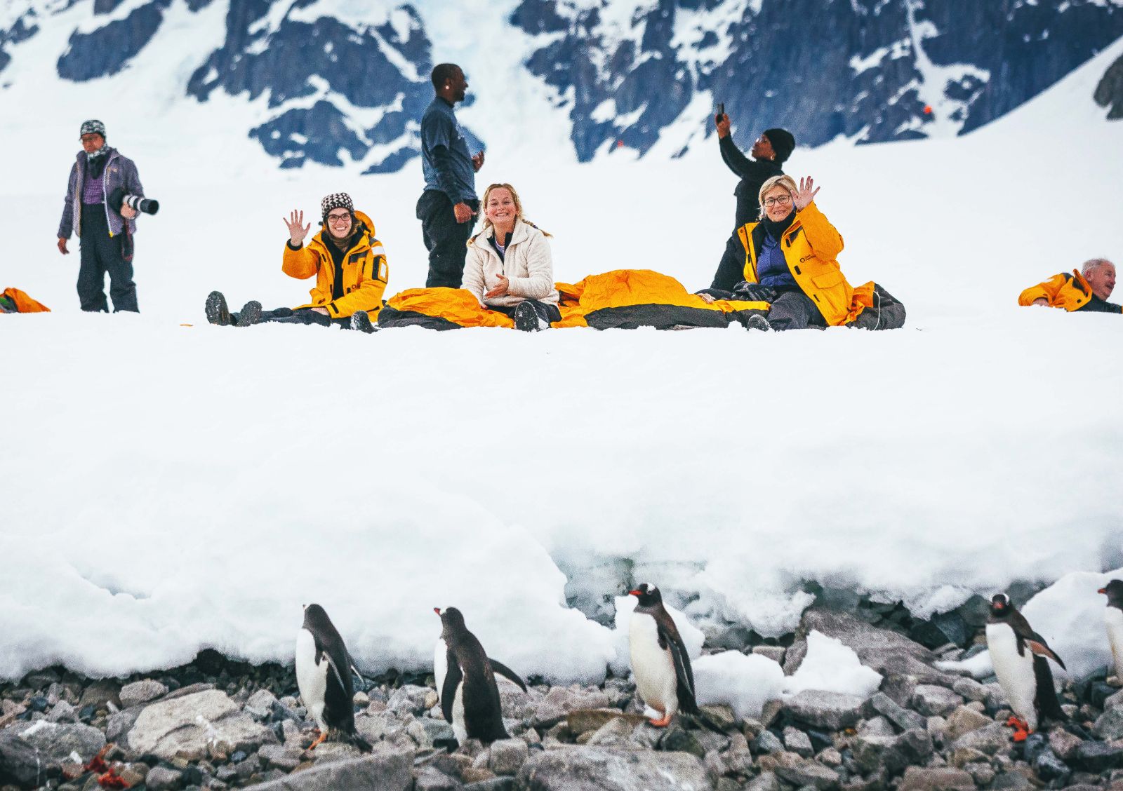 Guests on a Quark camping expedition in front of penguins in Antarctica