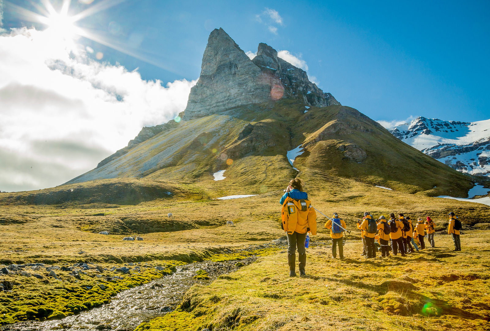Guests of Quark Expeditions' Ultramarine trekking on a sunny day in the Arctic