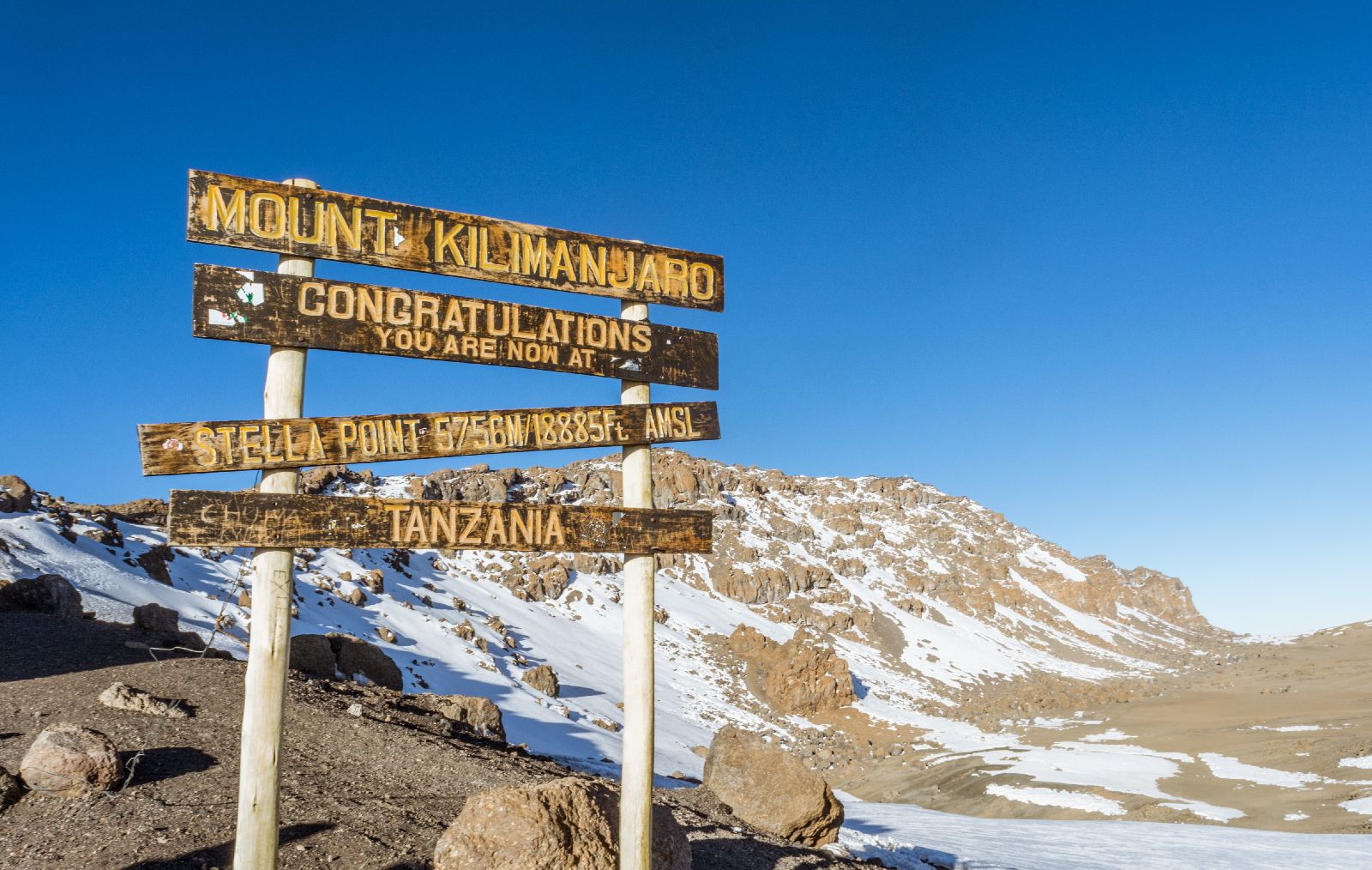 Signs at the Stella Point summit of Mount Kilimanjaro in Tanzania