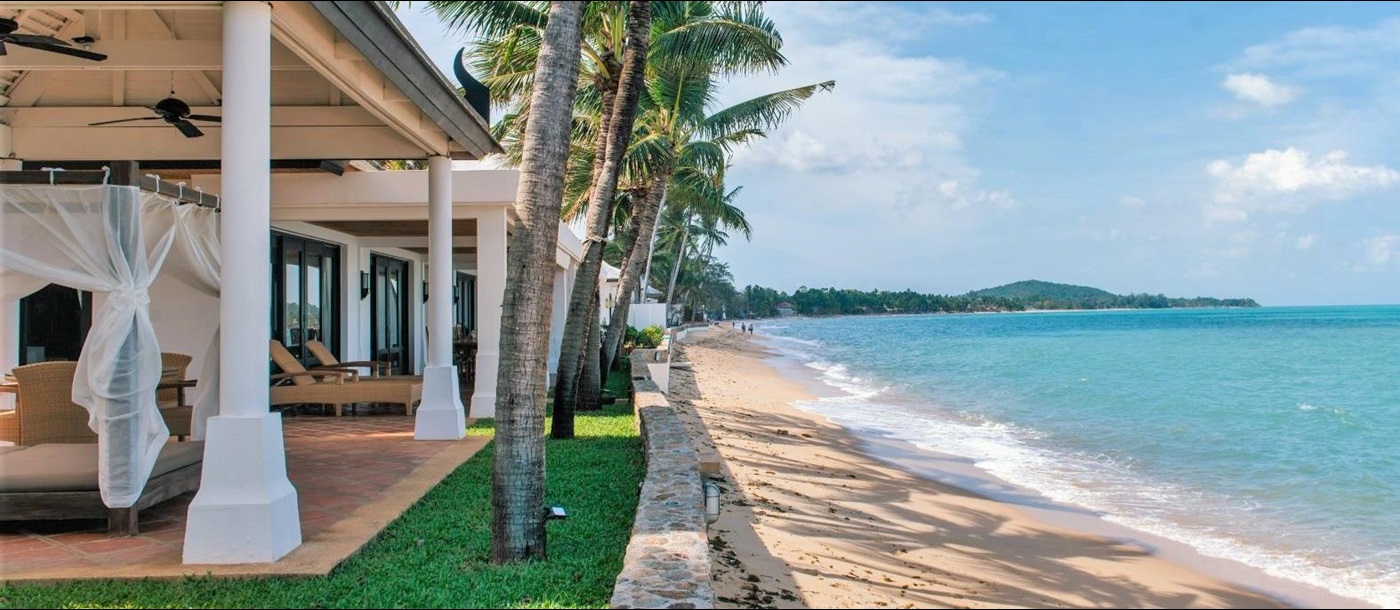 Exterior view of Villa Hibiscus perched on Meanem Beach on the Island of Koh Samui in Thailand