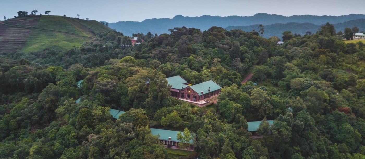 An aerial view of Clouds Mountain Gorilla Lodge in Uganda