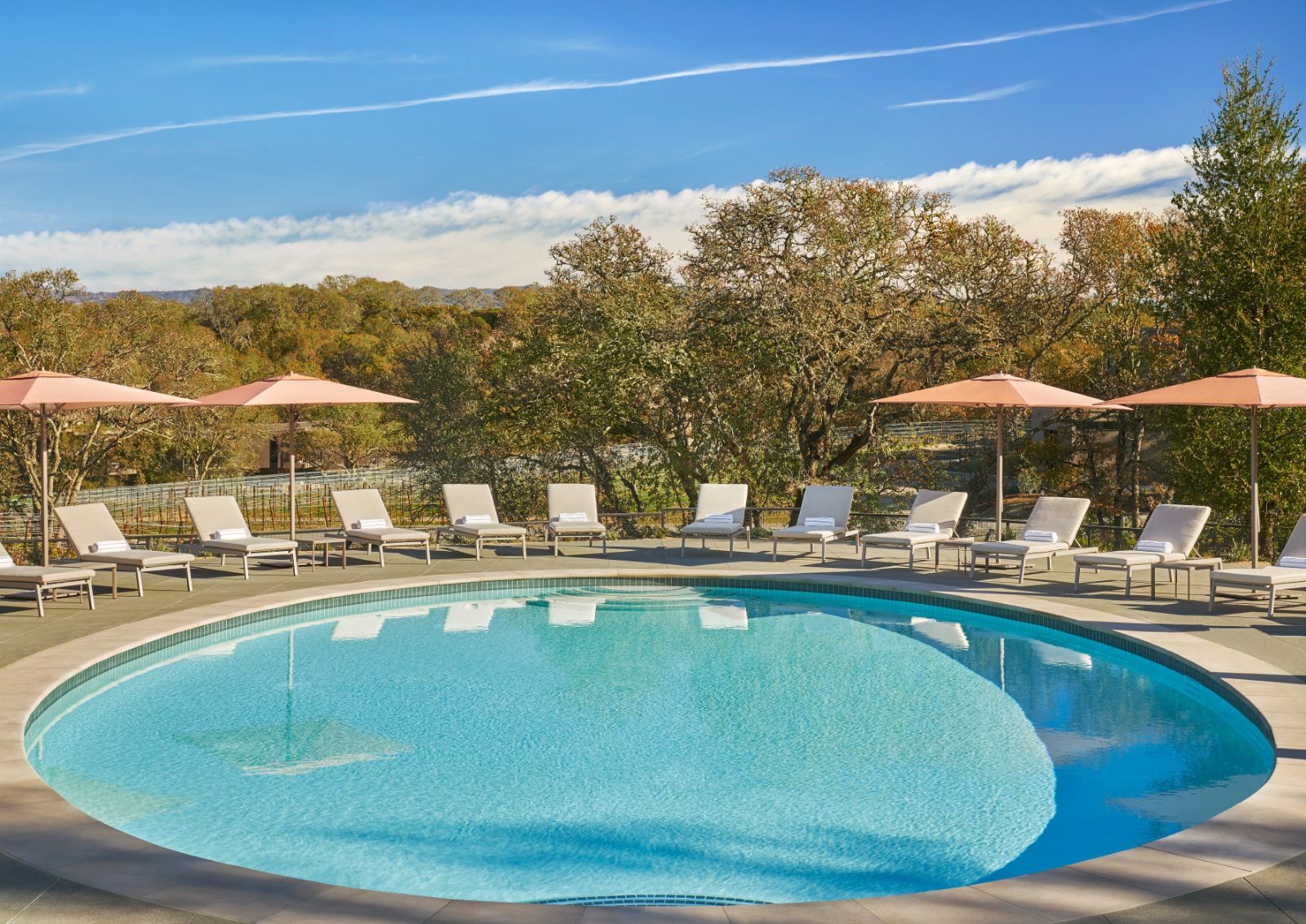 Sun loungers surrounding the family pool at Montage Healdsburg in Sonoma, California