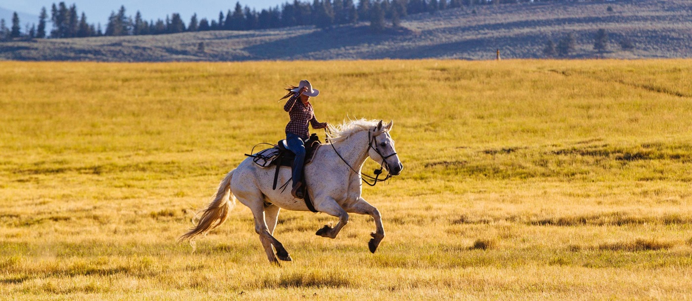 Horse riding on the lands near Paws Up Ranch, USA