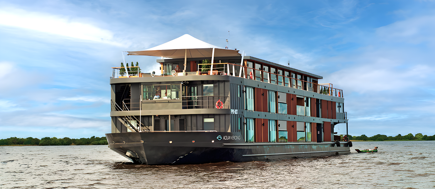 Façade of the Aqua Mekong river cruise in Vietnam