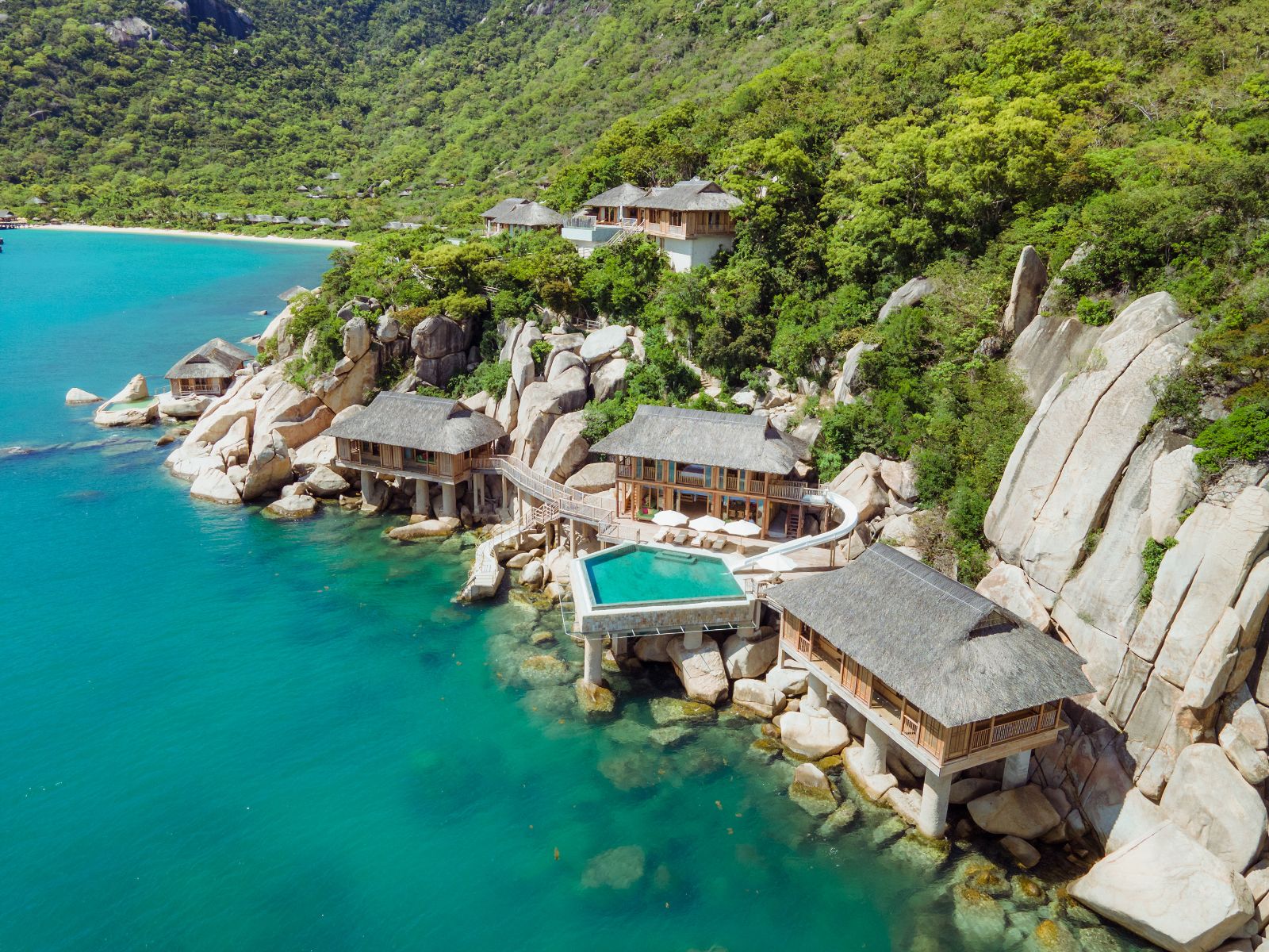 Aerial view of The Water Reserve at luxury resort Six Senses Ninh Van Bay