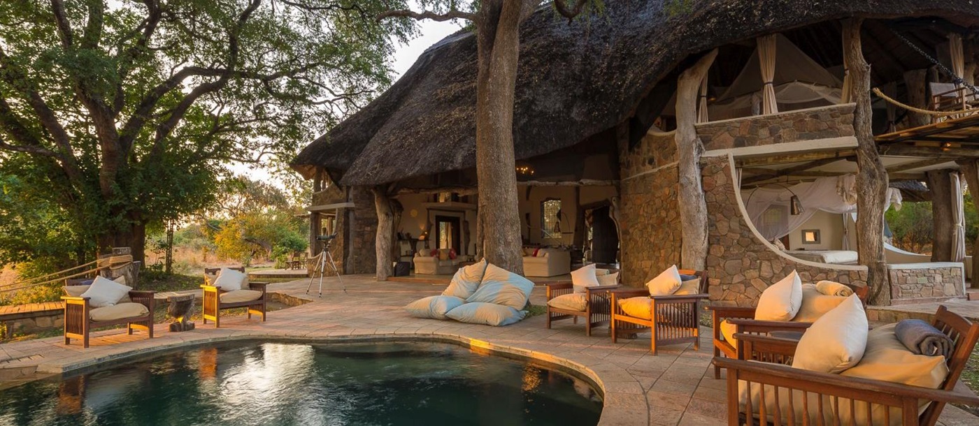 Swimming pool and terrace at the Luangwa Safari House in Zambia