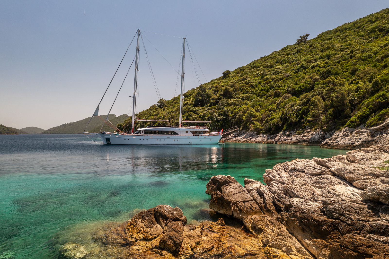 Exterior view of the Love Story gulet at bay in Croatia