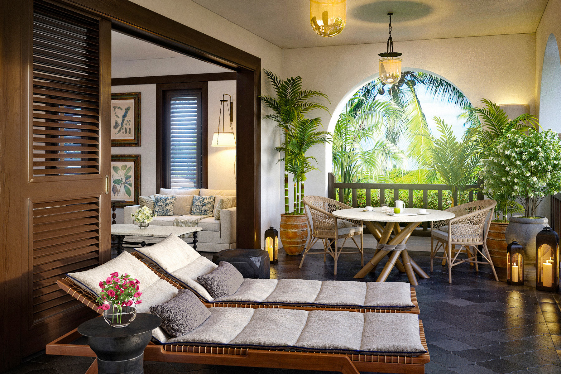 Loungers on a suite terrace at Belmond's Cap Juluca resort in Anguilla