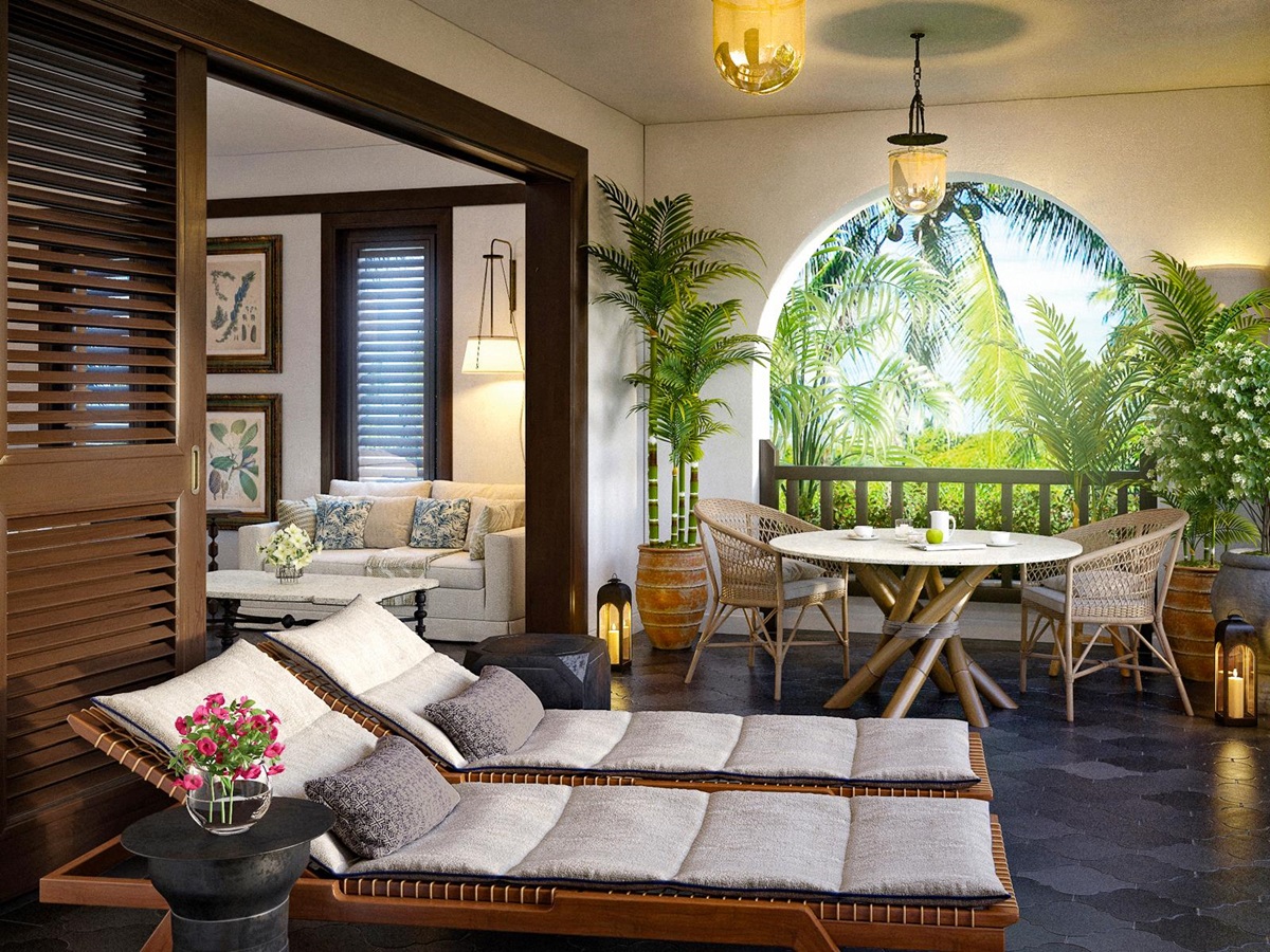Loungers on a suite terrace at Belmond's Cap Juluca resort in Anguilla
