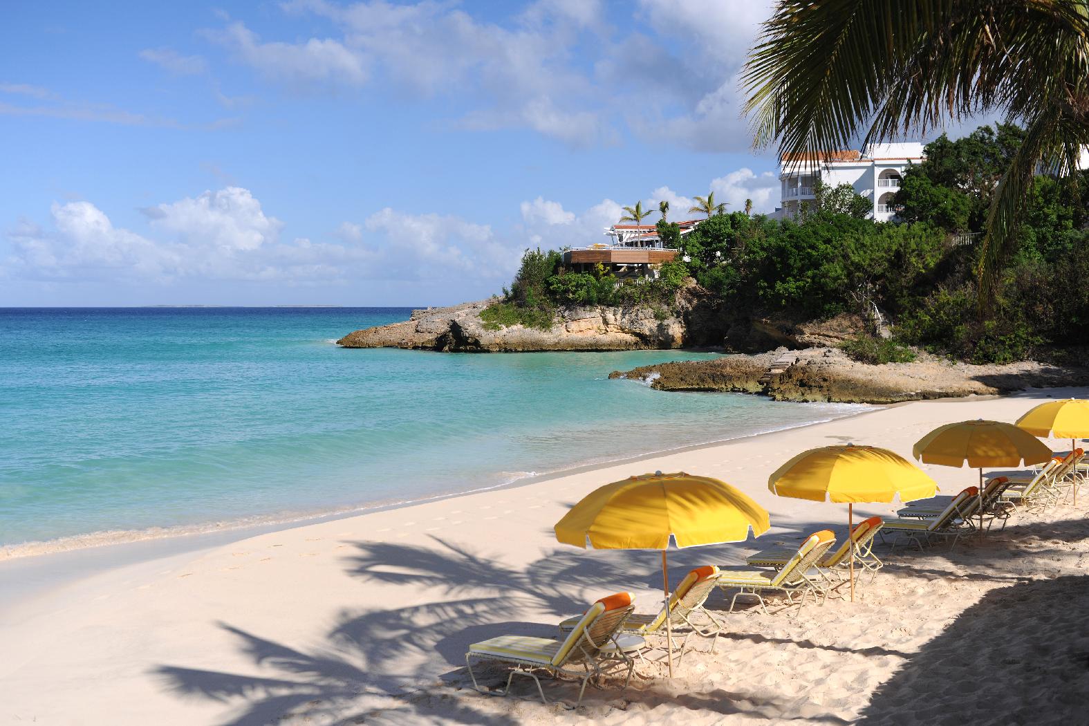 Meads Bay with sun loungers and parasols near Malliouhana, Anguilla