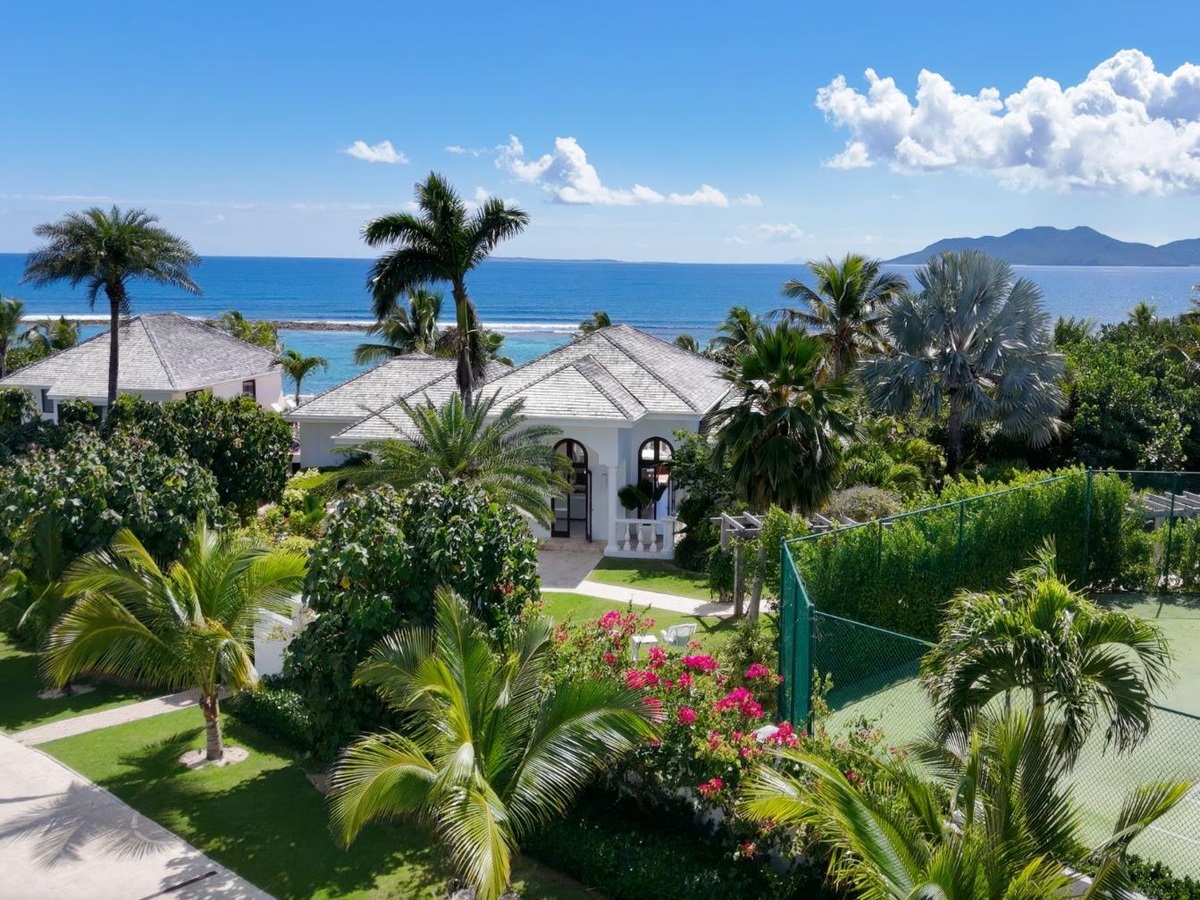 Front Exterior and Tennis Courts at Villa Indigo in Anguilla