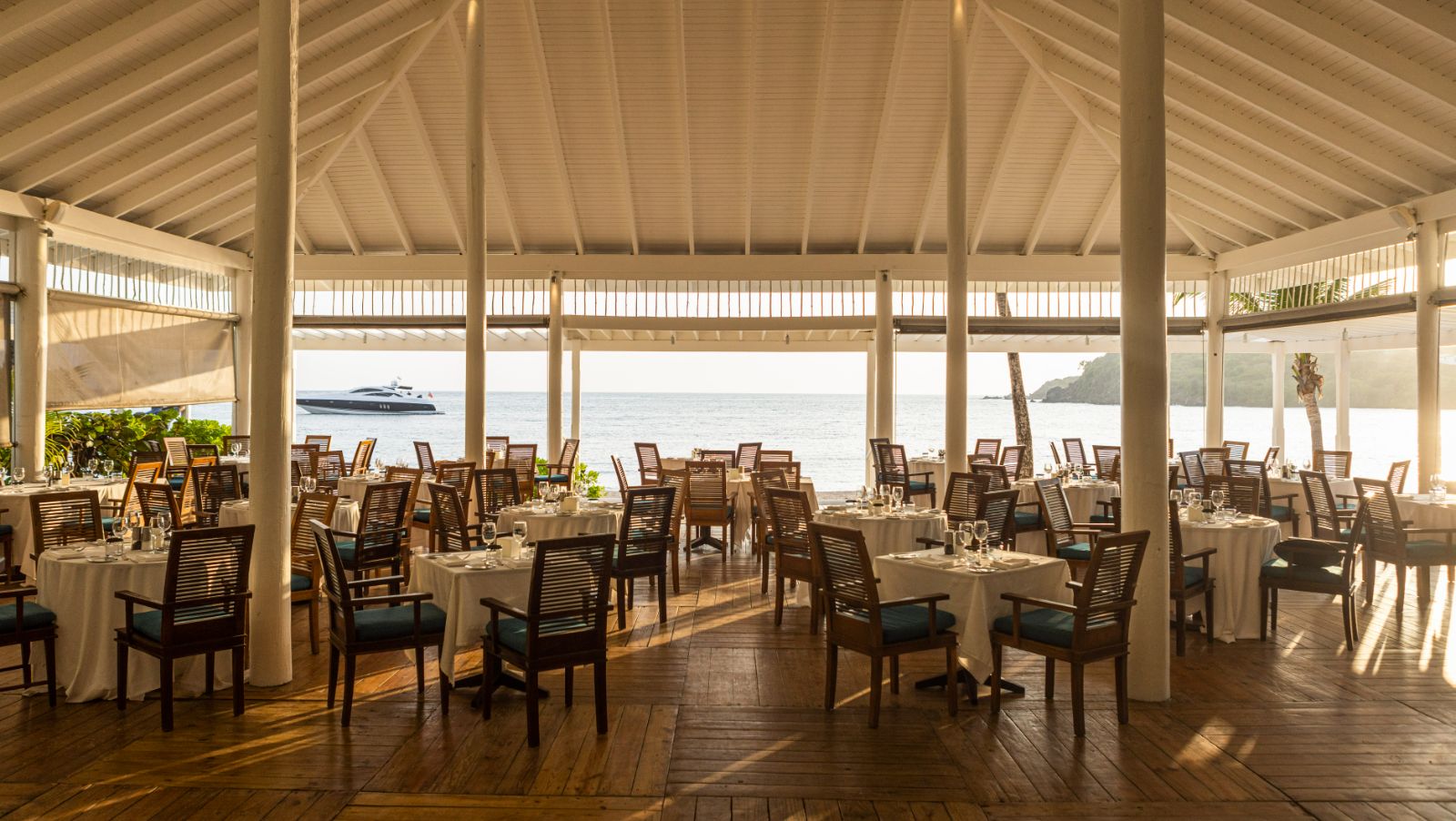 Indigo Restaurant seating on the beach f Carlisle Bay in Antigua