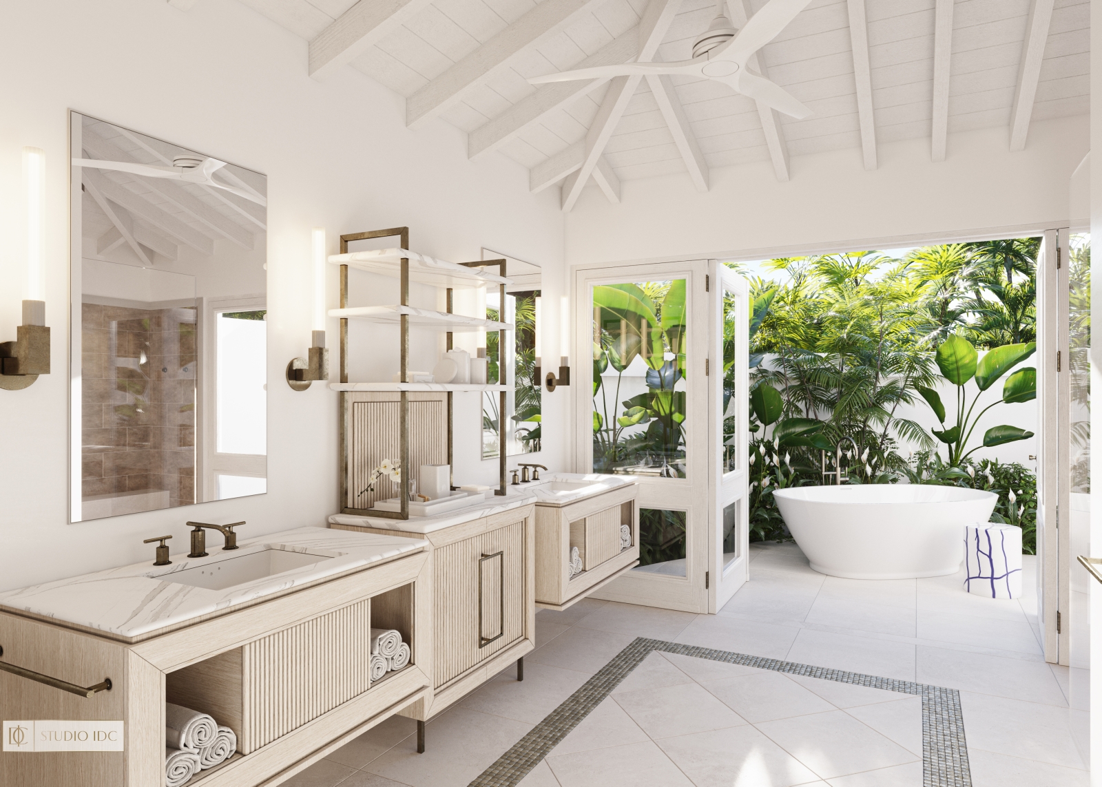 White marble bathroom with outdoor bathtub