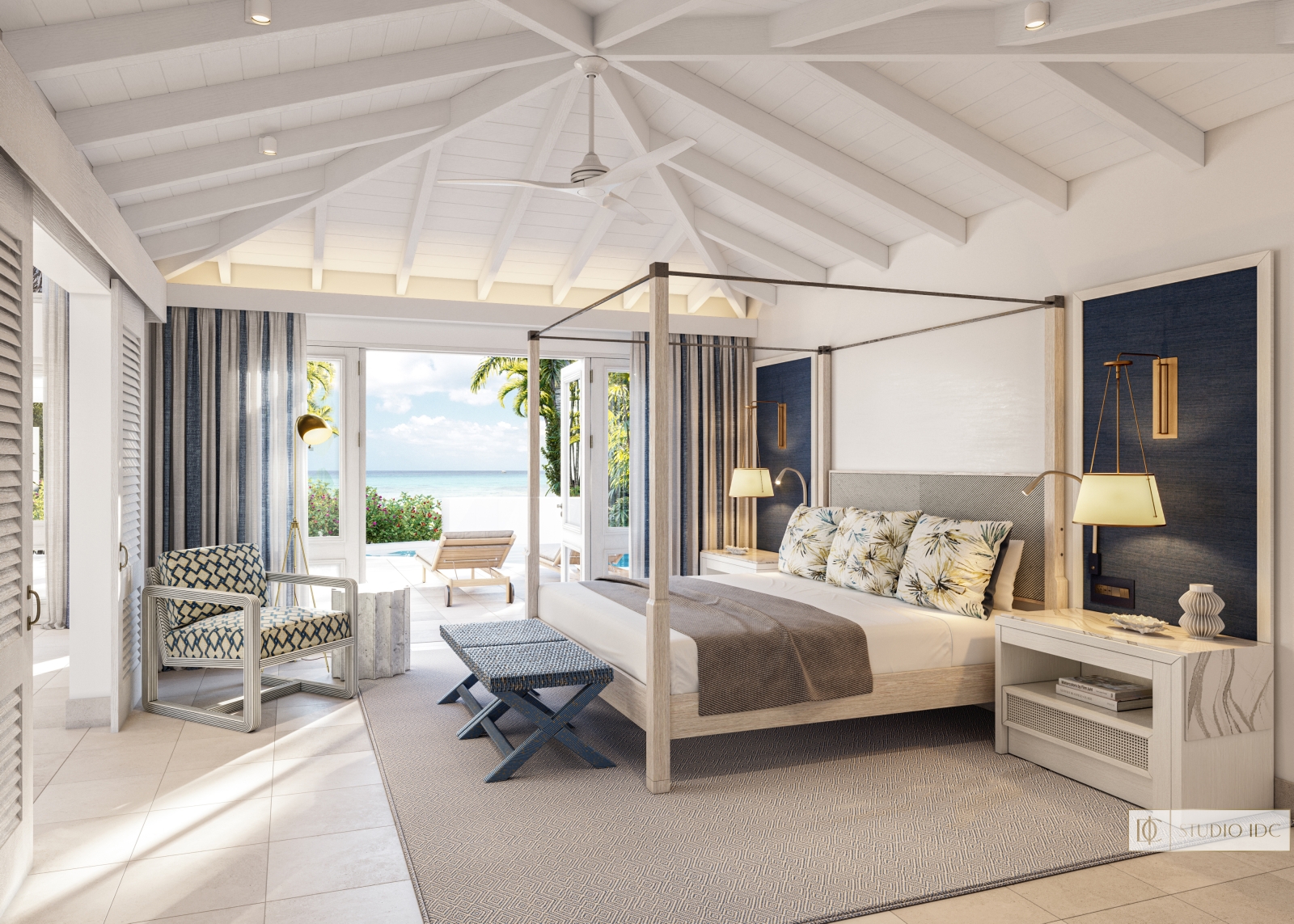 Bedroom with private terrace and pool at the beach
