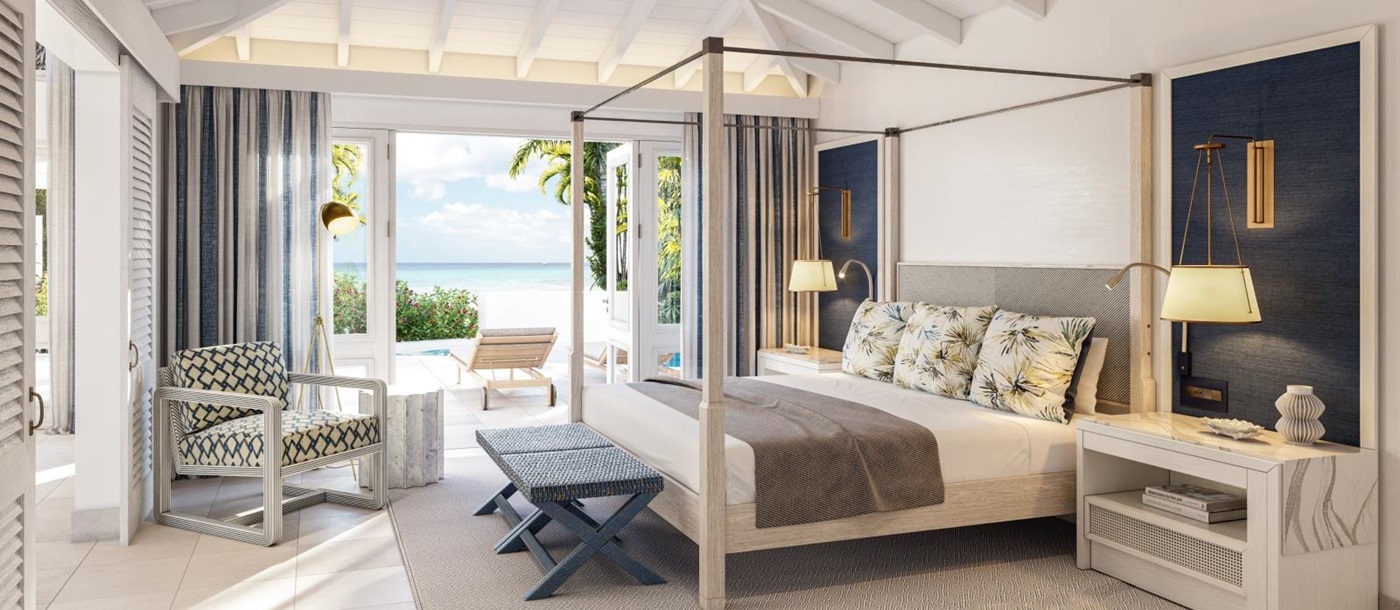 Bedroom with private terrace and pool at the beach