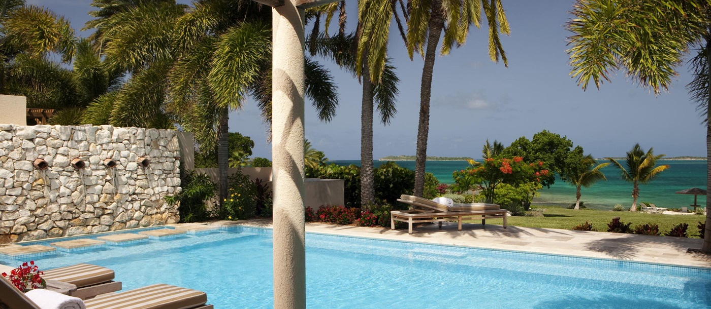 Pool area with sea view at Banyan Villa, Antigua