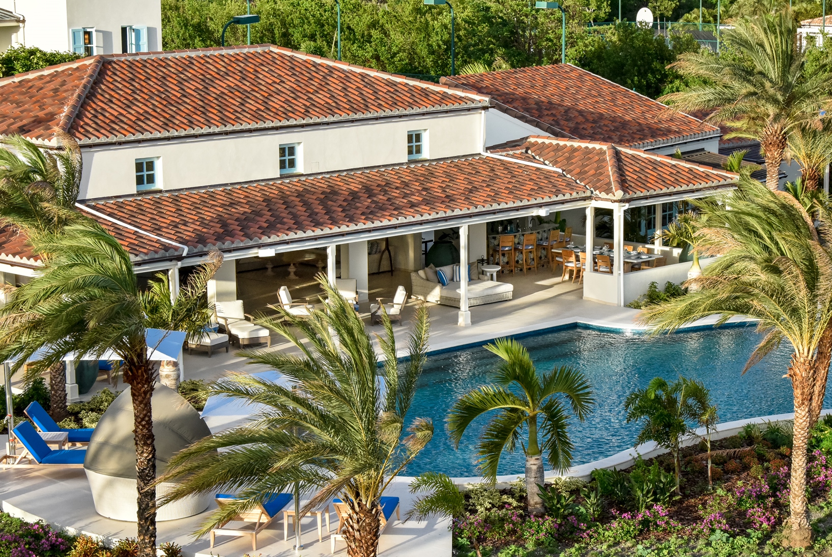 Aerial shot of the exteriors and swimming pool of Evangeline, Antigua