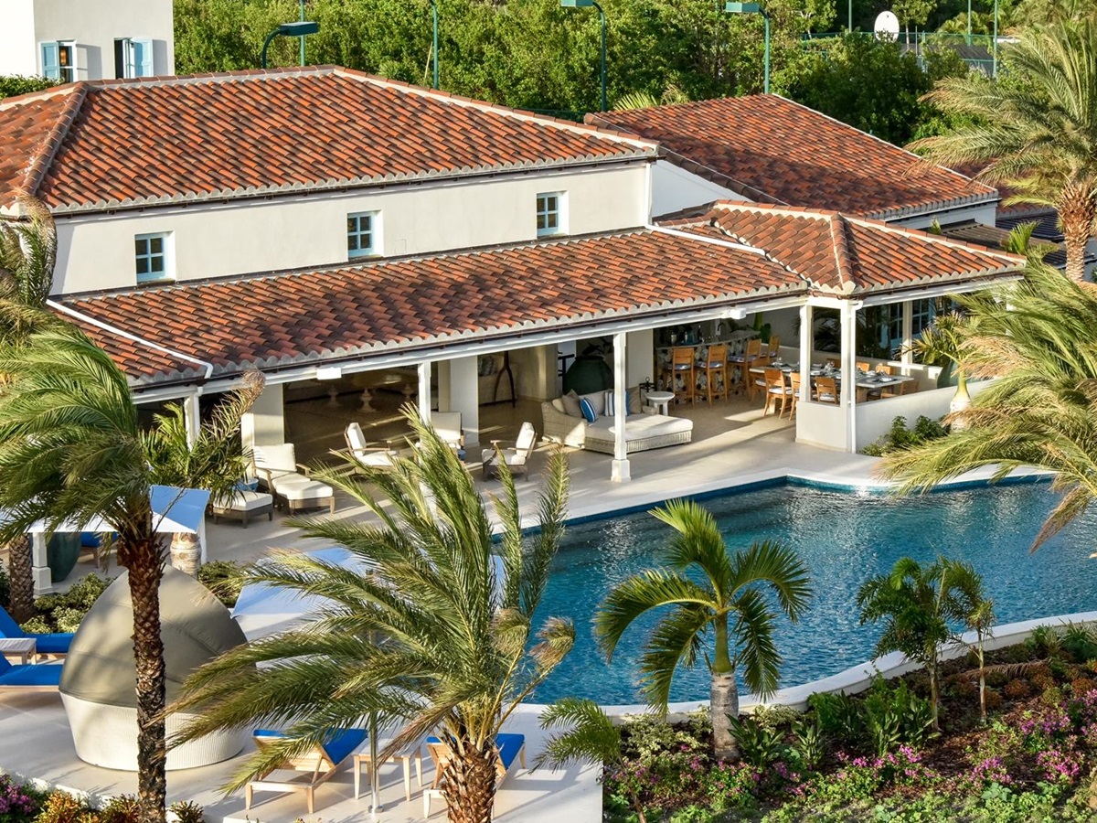 Aerial shot of the exteriors and swimming pool of Evangeline, Antigua