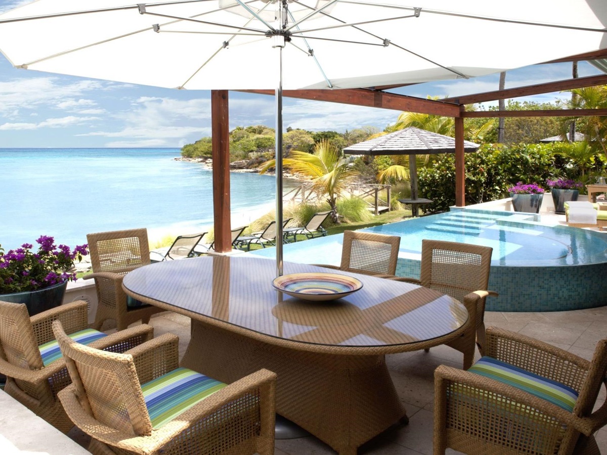 The pool terrace at Hummingbird, Jumby Bay, Antigua