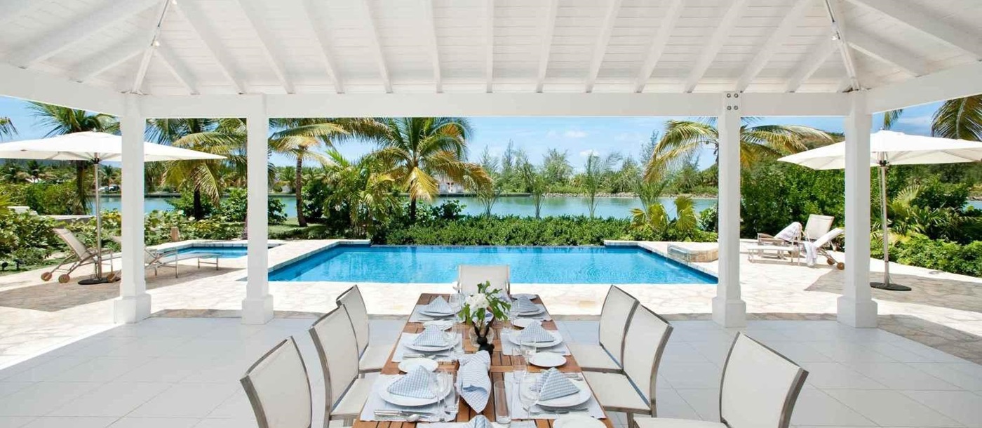 outdoor dining table at the swimming pool with ocean view at Palm Point, Antigua